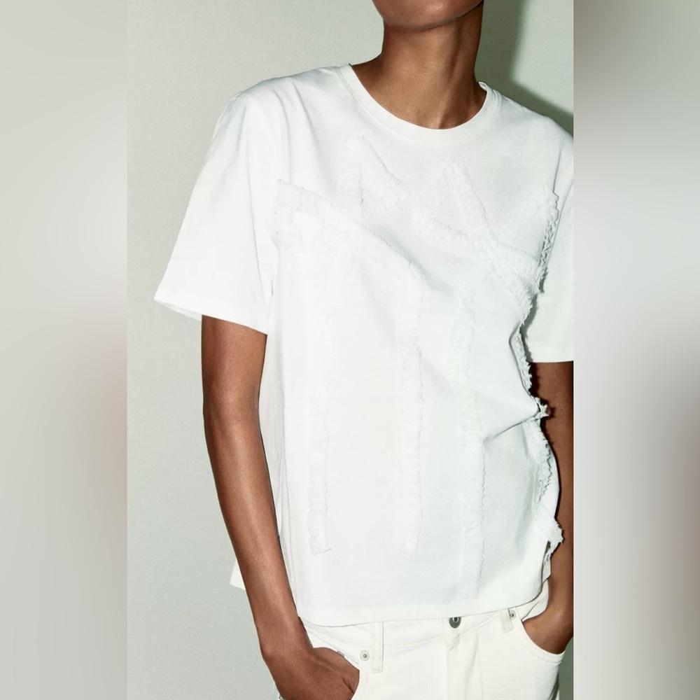 Zara Ruched Bows T-shirt | Short Sleeves | XL | White Cotton | NWT | Rare